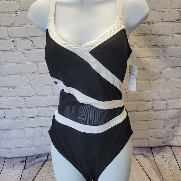 Anne Cole Plus Size Contrast-Trim Mesh-Insert One-Piece Swimsuit - Picture 1 of 7